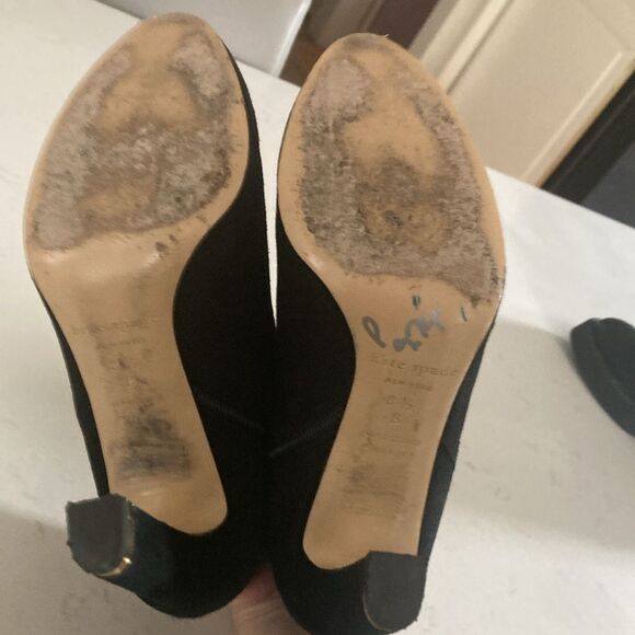 Kate Spade Aldaz Black Suede Gold Bow Ankle Boots Elegant 4” Heel Almond Toe 8.5 - Picture 6 of 10